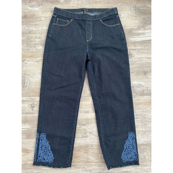 Susan Graver Embroidered Denim Crop Pants Women’s Sz 10 - Picture 1 of 6
